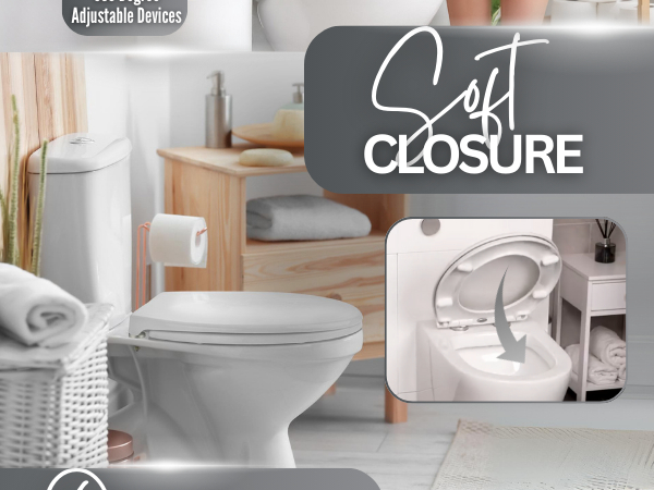 Bathroom scene featuring a toilet with 'Soft Closure' text overlay, highlighting adjustable hinges for quiet lid closure.