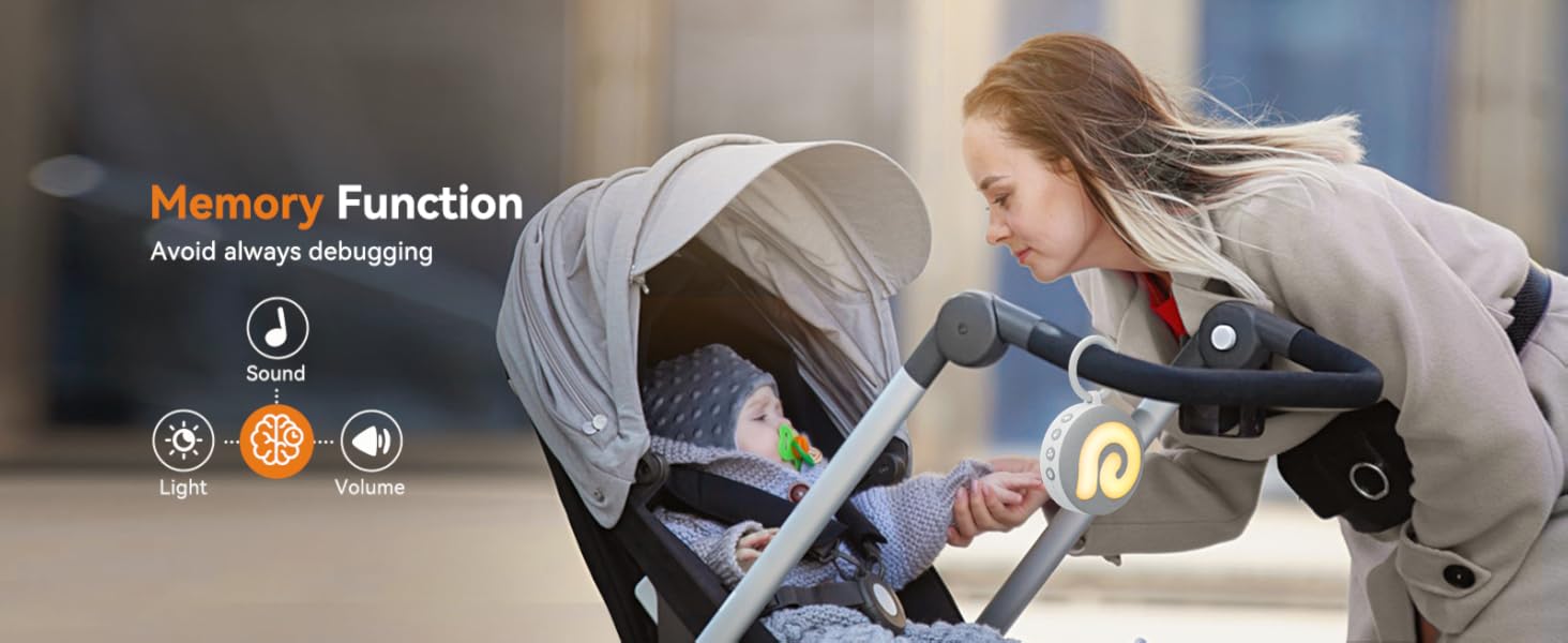 Baby stroller with memory function feature. Icons show 3 seat positions, 3 footrest positions, and 180-degree rotation capability.