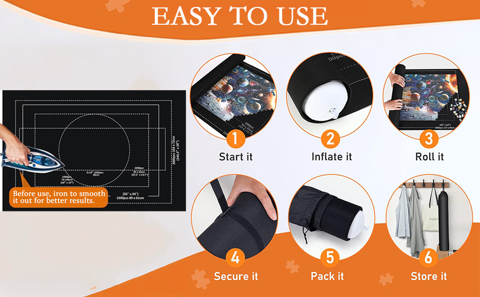 Six-step instructional diagram for vacuum storage bag usage, showing start, inflate, roll, secure, pack, and store steps with icons.
