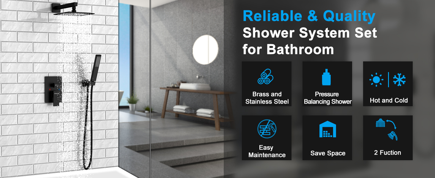 EMBATHER Black Shower System 12 Inches Shower Faucet Set with Square