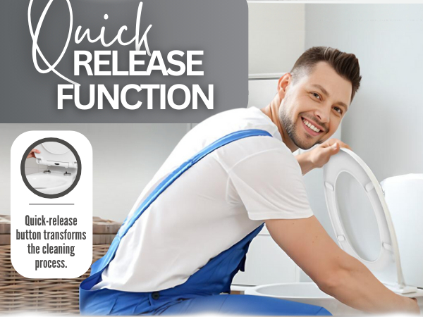Product feature highlighting 'Quick Release Function' with diagram showing button mechanism for cleaning process.
