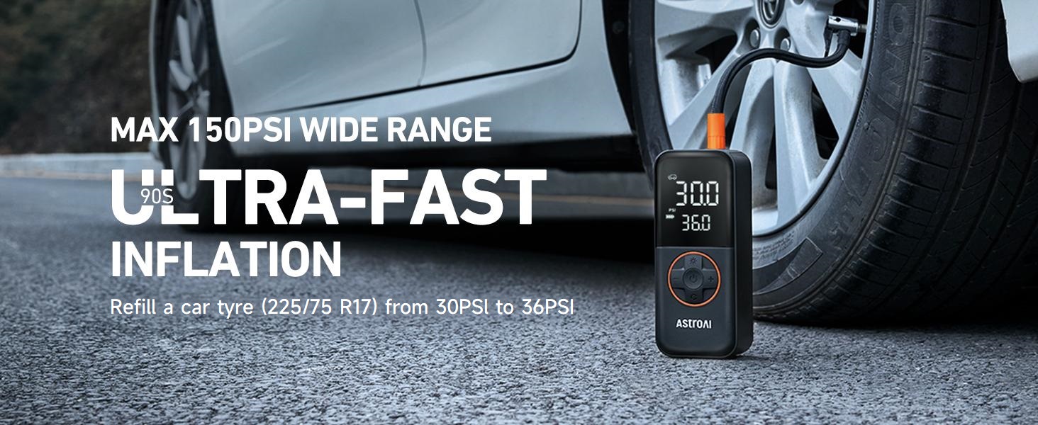 Portable digital tire inflator with display showing 300 PSI, next to a car tire. Device offers ultra-fast inflation up to 150 PSI for car tires.