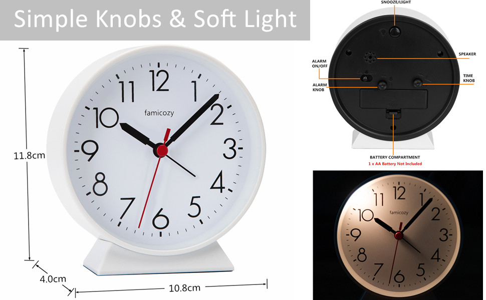 FAMICOZY Silent Non Ticking Analog Alarm Clock,Easy to Read,Simple Operation,Crescendo Alarm