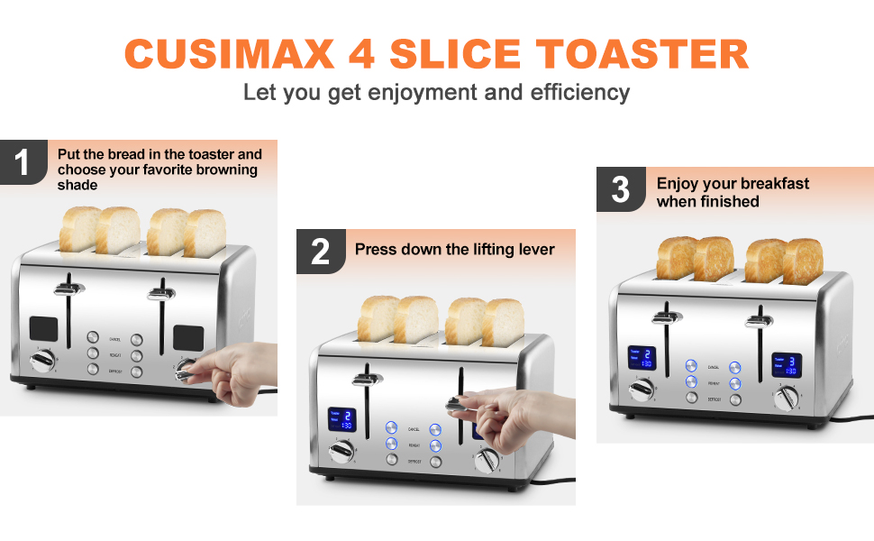 Toaster 4 Slices, Cusimax Stainless Steel Toaster with UltraClear LED