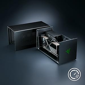 Serie de imágenes que muestran un dispositivo electrónico o una carcasa negra desde diferentes ángulos sobre un fondo oscuro, con indicadores de interfaz minimalistas.