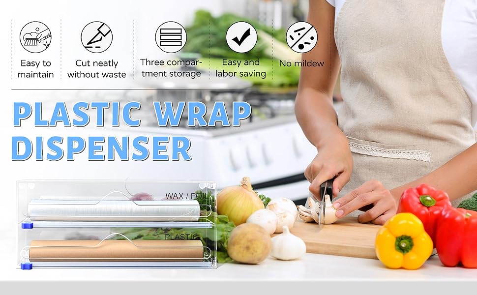 Plastic Wrap and Foil Dispenser with Cutter, 2 in 1 Bamboo Foil and