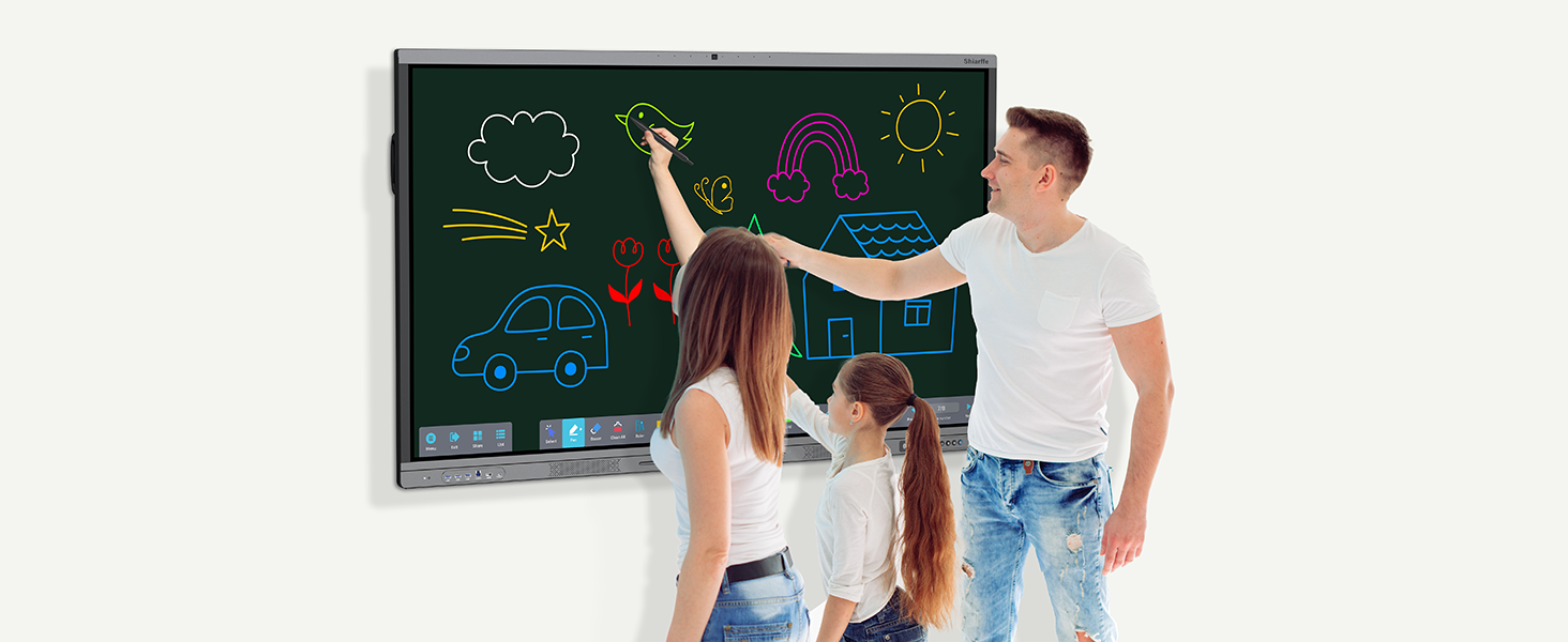 A father is teaching his children how to draw using an interactive whiteboard
