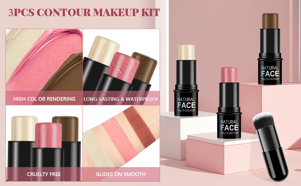 3-piece contour makeup kit with cream stick highlighter, blush, and bronzer. Features high color rendering, long-lasting, waterproof formula. Cruelty-free, glides on smooth. Includes application brush.