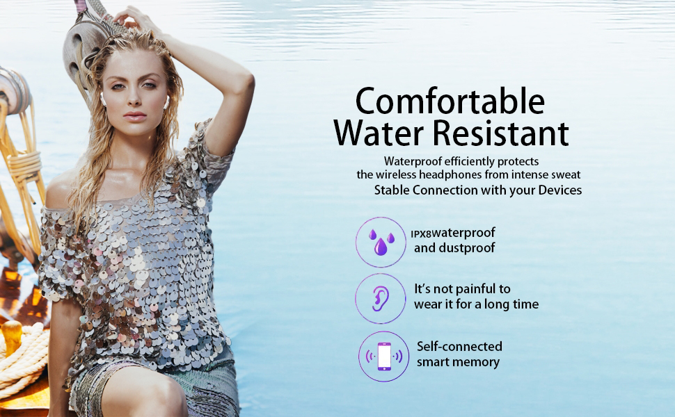 Text reads 'Comfortable' and 'Water Resistant'. Product promotional images showing outdoor lifestyle scenes with summery clothing and accessories.