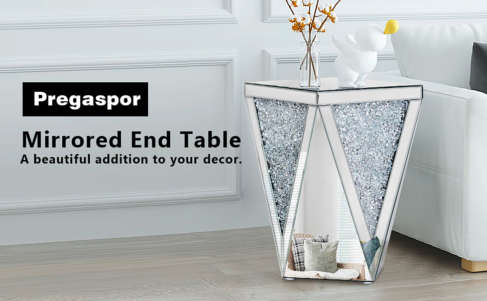 Pregaspor Silver Mirrored End Table, Crystal Inlay Side