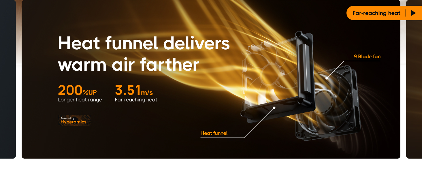 Infographic about heat tunnel feature. Text states 'Heat tunnel delivers warm air farther' with specifications '200 mm' and '3.51 m/s'.