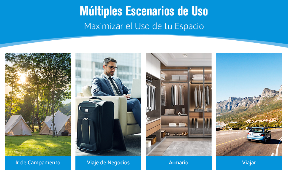 Imagen de cuatro paneles que muestra múltiples escenarios de uso: acampada, viajes de negocios, organización del armario y viaje por carretera. El texto destaca «Múltiples escenarios de uso