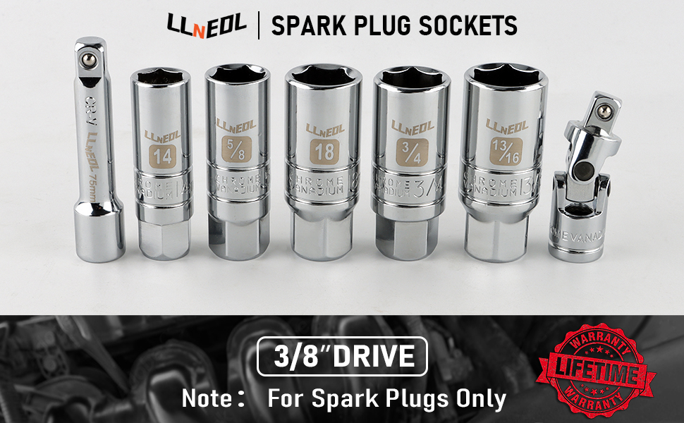 LLNEDL Spark Plug Socket Set, 3/8" Drive 6 Point Spark Plug Socket, SAE