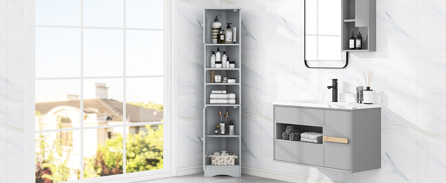 Tall Corner Cabinet, Bathroom Storage Cabinet with Doors and Adjustable Shelves