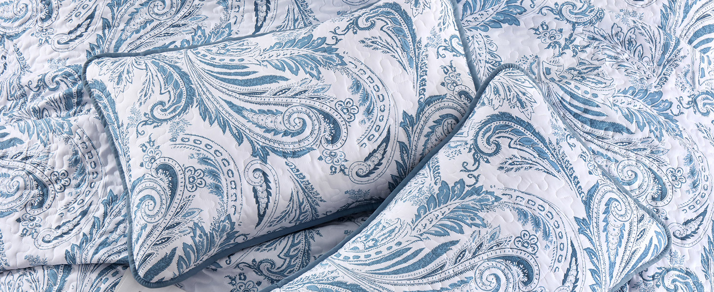 WONGS BEDDING Boho Quilt Set Queen,Grayish Blue Paisley