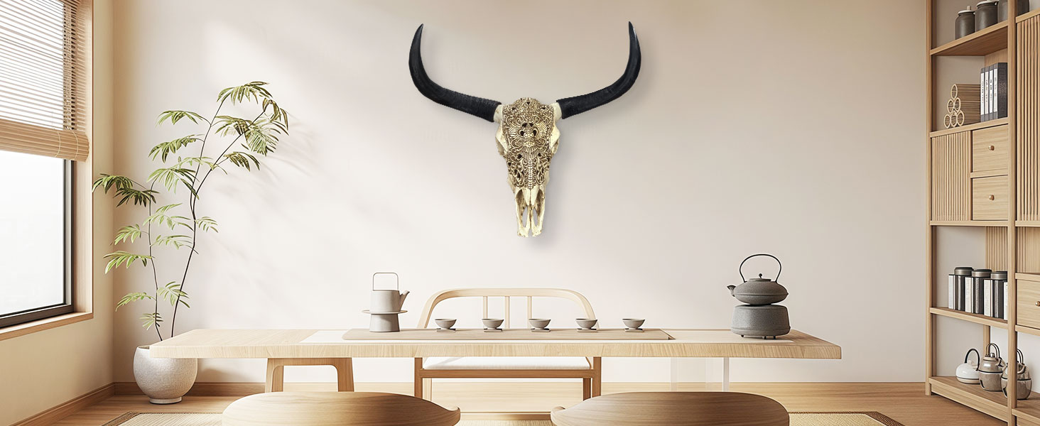 Large Black white Faux Cow Skull Wall Decor with Long Horns - Realistic Resin Bull Head Sculpture 