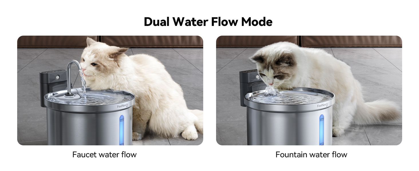 Pet water fountain with dual flow modes - faucet and fountain style. Stainless steel circular design demonstrating both water flow options.