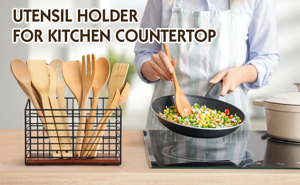 THYGIFTREE Kitchen Utensil Holder for Counter Large Black Metal Cooking