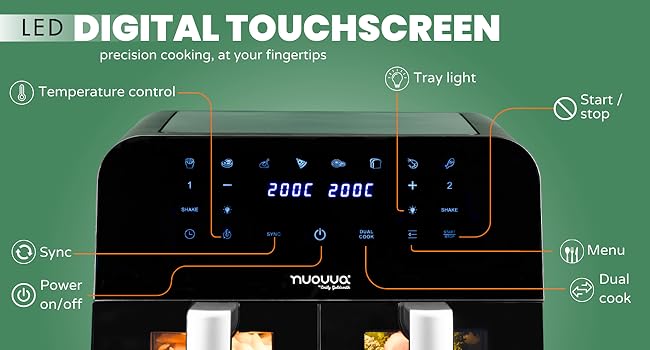 Kitchen Air Fryer Oven – Energy Saving Dual Compartment Air Fryer – 12 Cooking Presets For Convenient Operation – Oil Free Healthy Cooking – Touch Screen Display – 9L, 2400W – by Nuovva 19 Air fryer ninja timer display safety heating cookware oven grill