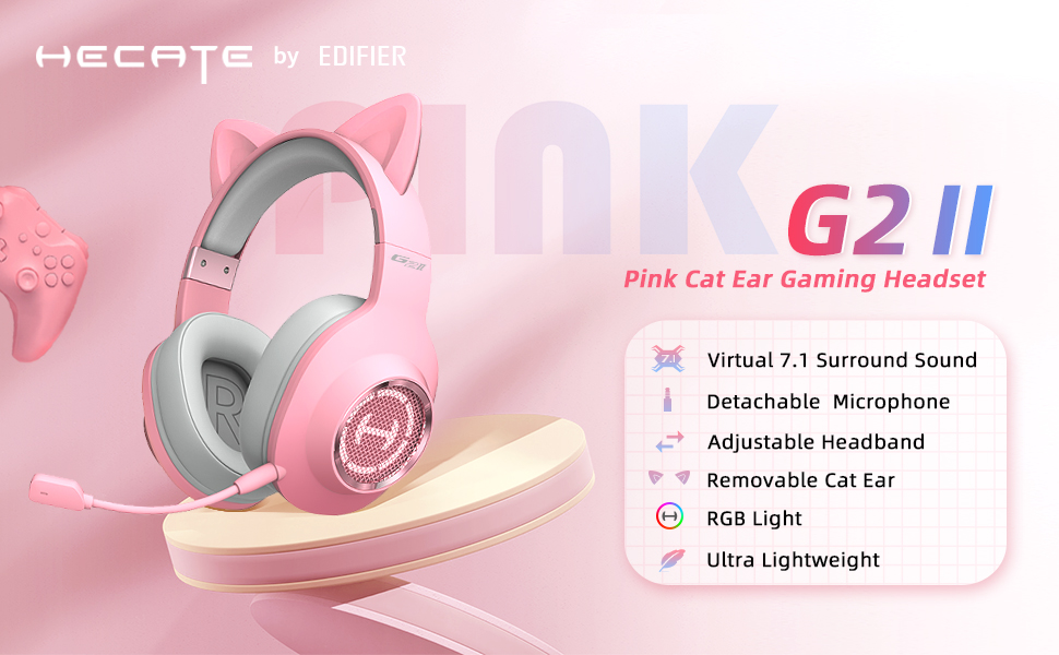 HECATE by Edifier G2 II Pink Gaming Headset, USB Wired Pink Gaming