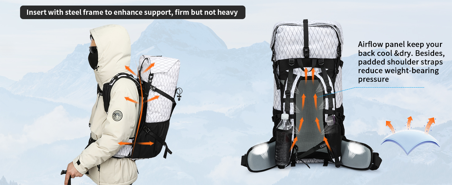 Hiking backpack with steel frame, airflow panel, and padded shoulder straps. Side view shows person wearing white jacket carrying backpack. Rear view displays mesh back panel and orange accents.