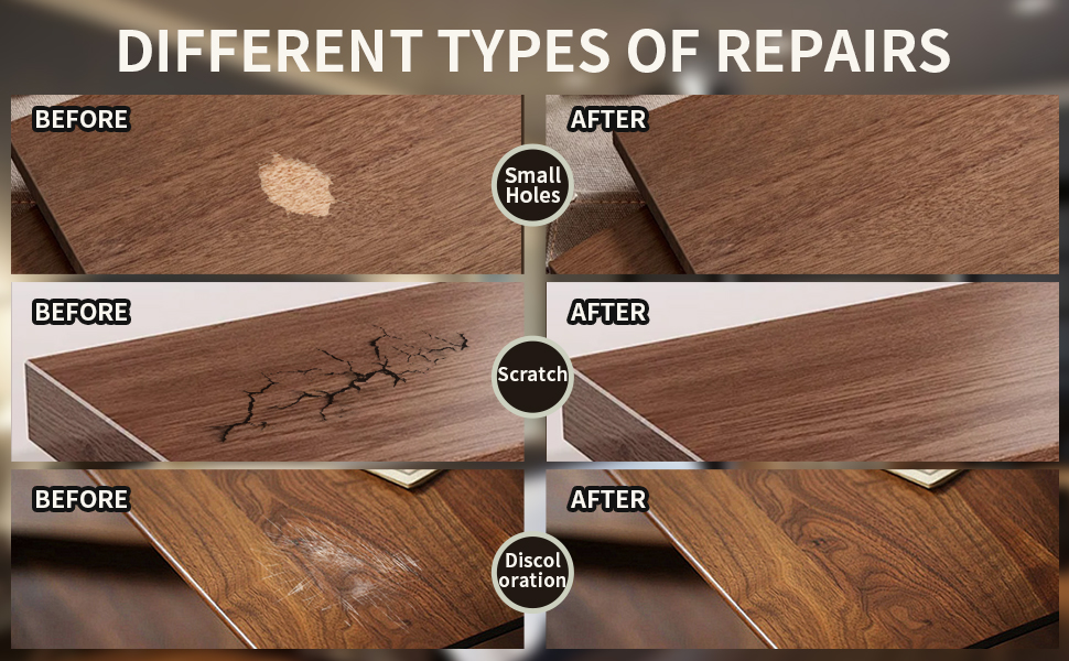 different types of repairs on wood small holes, scratch, discoloration