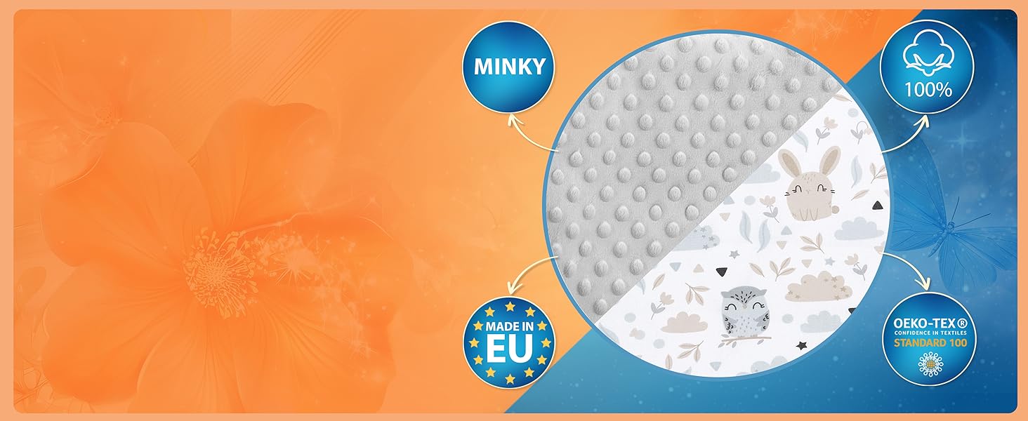 Banner promozionale astratto con sfondo sfumato arancione e blu, con motivi circolari a fiocchi di neve ed elementi di design curvi bianchi.