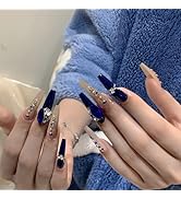 IMRAIN Blue Press on Nails Long Coffin Fake Nails Glossy Glue on Nails Full Cover Acrylic Artific...