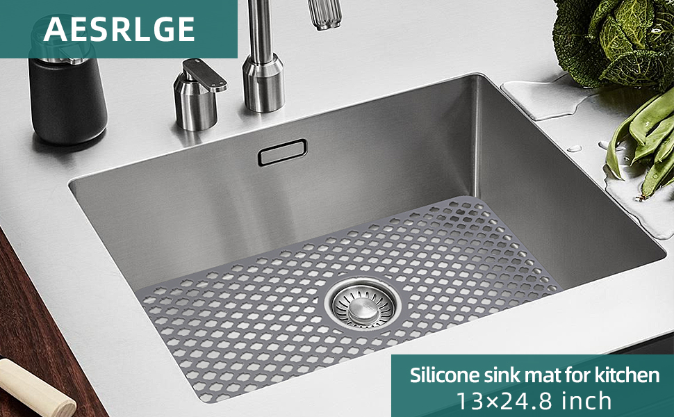 AESRLGE Silicone Sink Protector Mat,25''x 13'' Center Drain Kitchen