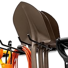 tool storage rack freestanding hooks garden shovel rake broom long handle cords hoses yard equipment
