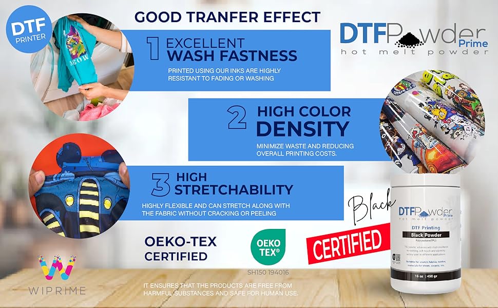 Black WIPRIME DTF Powder, Digital Transfer Hot Melt Adhesive for black or dark-colored garments
