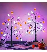 Halloween Decorations Indoor, 2-Pack 2FT Lighted Black Halloween Tree with 48 LED Pumpkin Bat Gho...