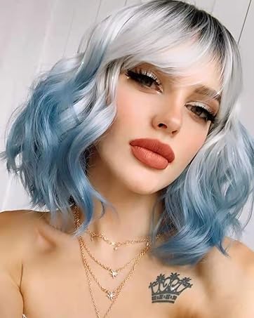 blue wig short wig with bangs
