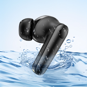 Black wireless earbud splashing into water, surrounded by droplets and bubbles, suggesting water-resistant or waterproof functionality.