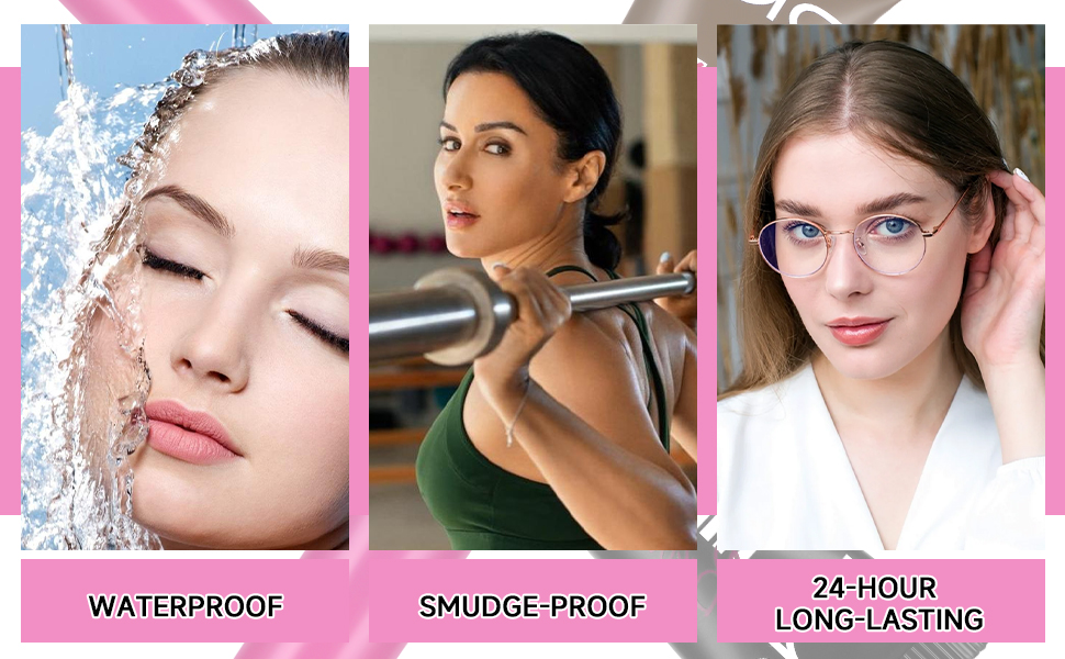 Three-panel cosmetic product advertisement showing water resistance, smudge-proof, and long-lasting properties through demonstration images.