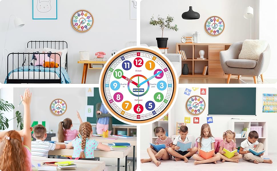 Kids Wall Clock for Bedroom, 10 Inch Round Multi-Colored Learning Clock, Children's Silent Analog Non-Ticking Educational Wall Clock for Boys and Girls Classroom Home Decor 21 Suitable for Many Occasions