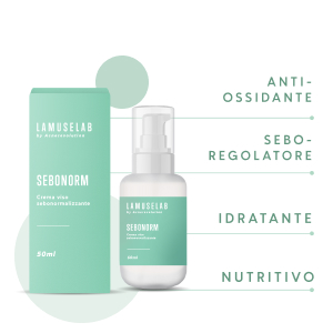 Set di prodotti per la cura della pelle con confezione verde menta, con dispenser per flacone e pompa. Il testo indica proprietà antiossidanti, seboregolatrici e idratanti