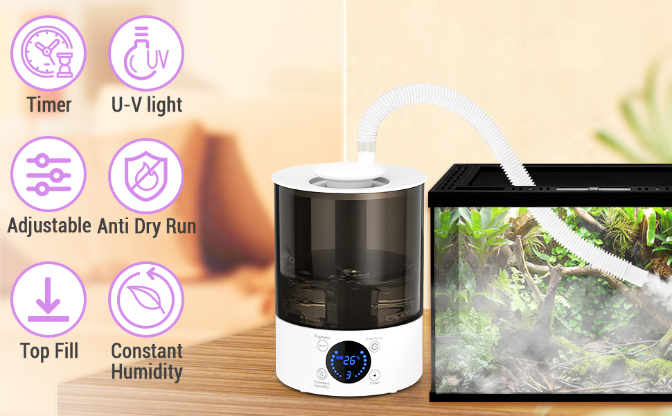 Reptile Fogger with UV Light, Top Fill Reptile Humidifiers with Hose, 2.8L Capacity