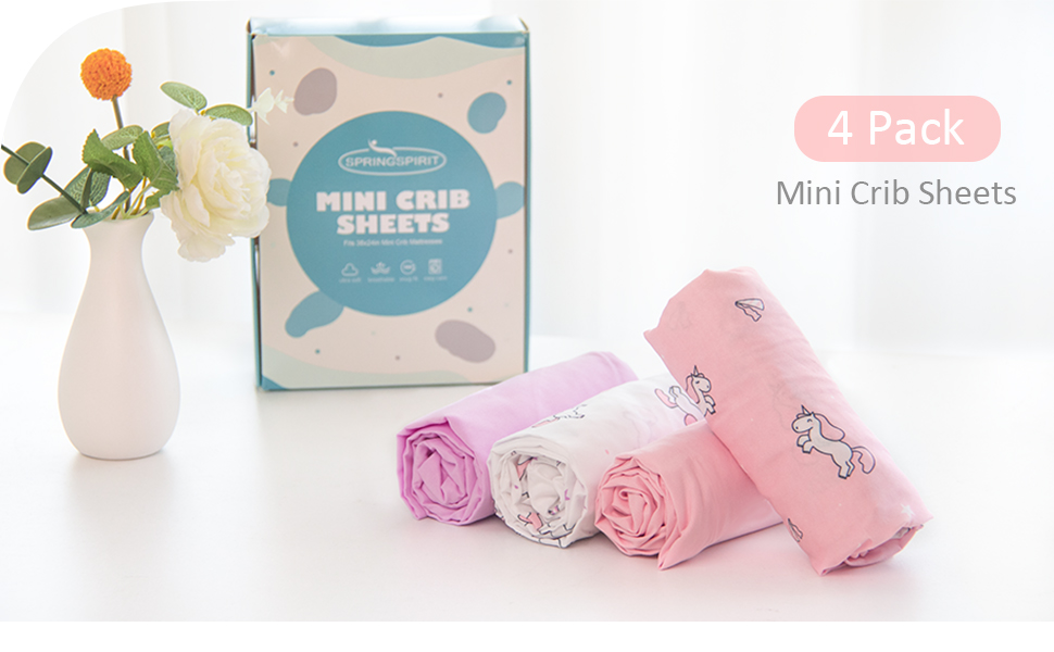 Mini Crib Sheets Set for Girls, 4 Pack, Mini Portable Crib Sheets for Girs (38" X