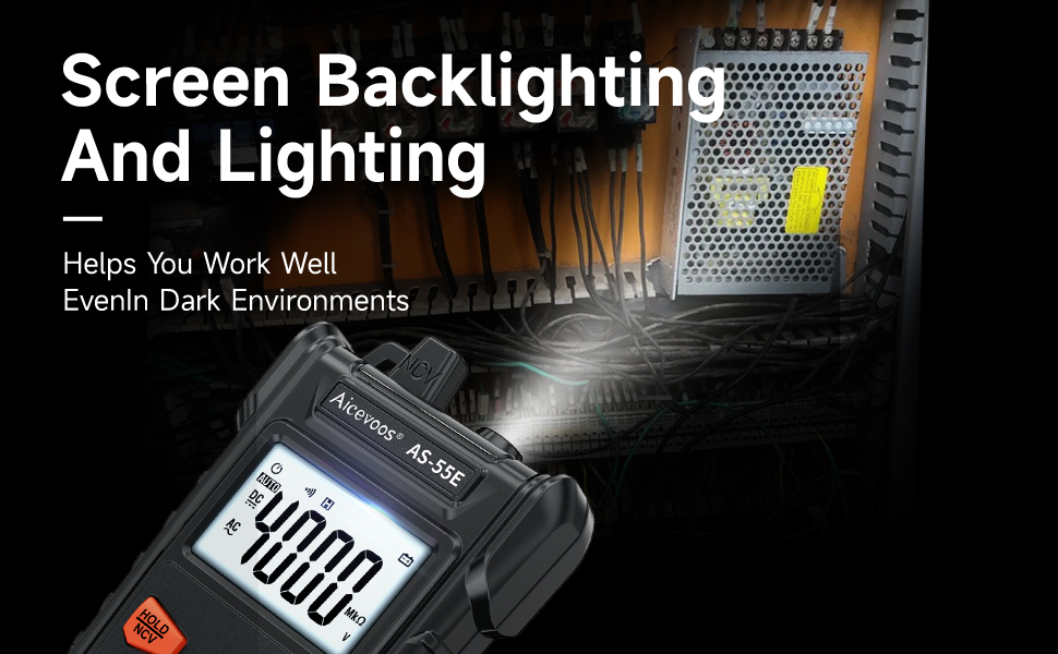 Digital device with LCD display showing screen backlighting features, designed for dark environment operation. Marketing image emphasizes visibility in low light conditions.