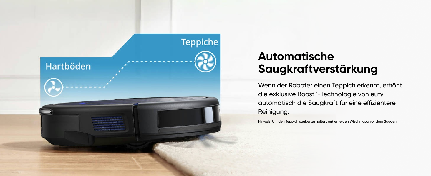Das schwarze kreisförmige Roboter-Vakuumgerät ist mit einem technischen Diagramm dargestellt, das die automatische Saugverstärkungsfunktion anzeigt
