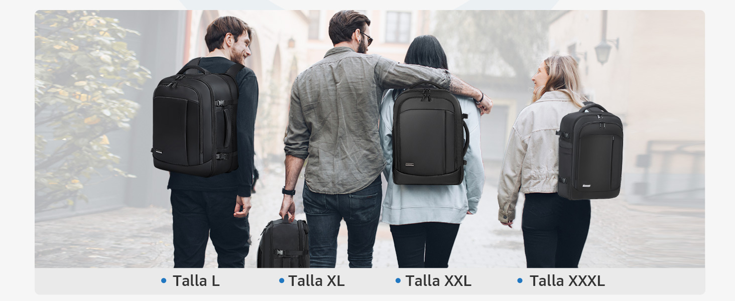 Cuatro personas con mochilas negras de tallas crecientes, etiquetadas como Talla L, XL, XXL y XXXL. Las mochilas parecen ser duraderas, con múltiples
