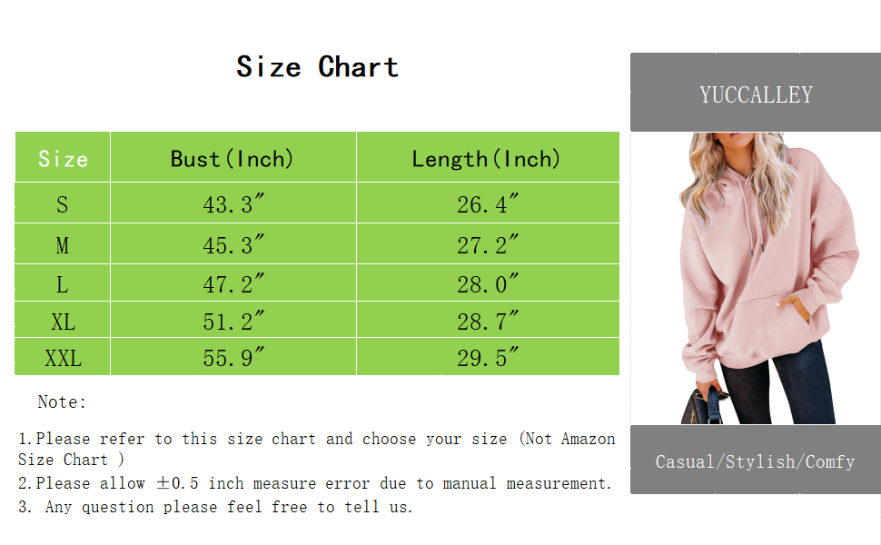 Yuccalley Women's Casual Hoodies Loose Long Sleeve Pullover Tops Hooded Sweatshirt with Pocket