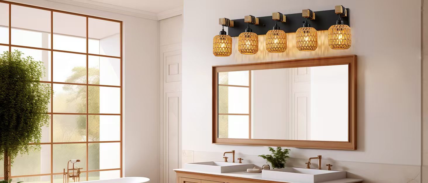 5 Light Bathroom Vanity Light Fixtures, Rustic Style Wood Bathroom Wall Sconce