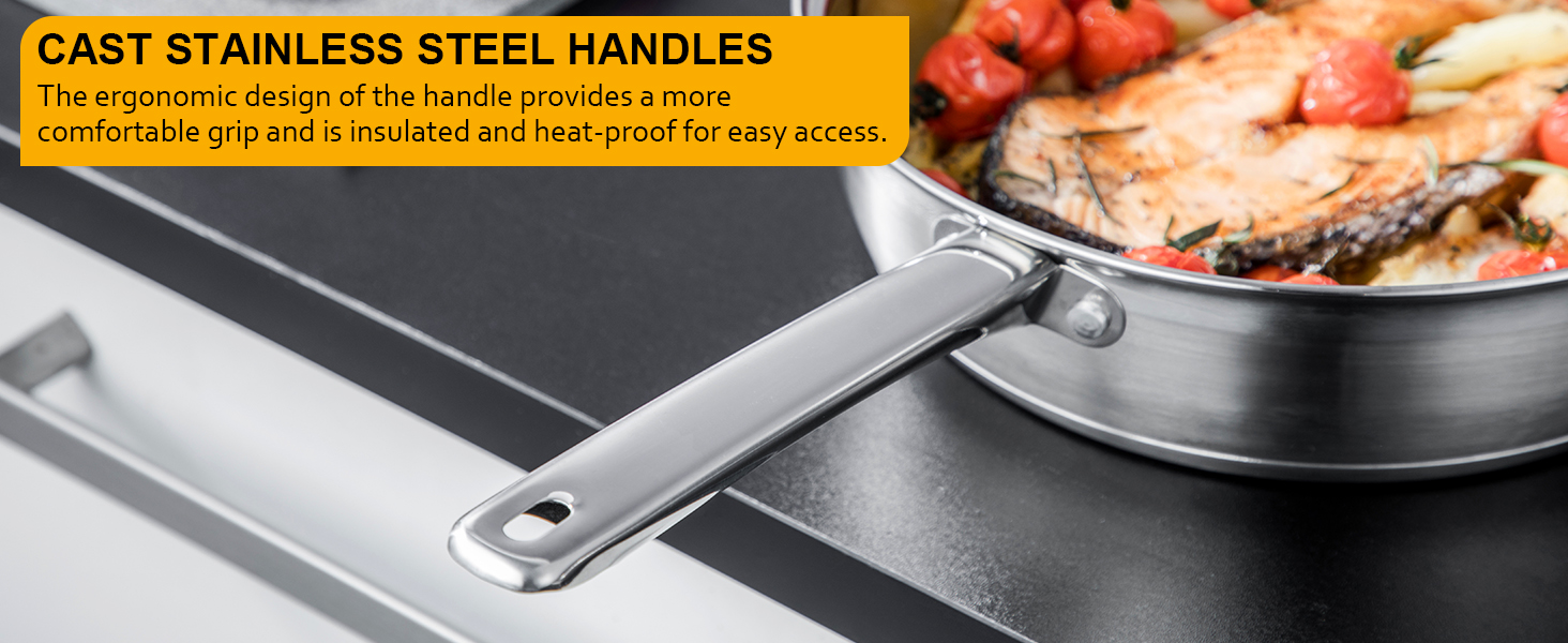 Close-up of stainless steel cookware handle attached to a pan. Text describes ergonomic design for comfortable grip and heat resistance.