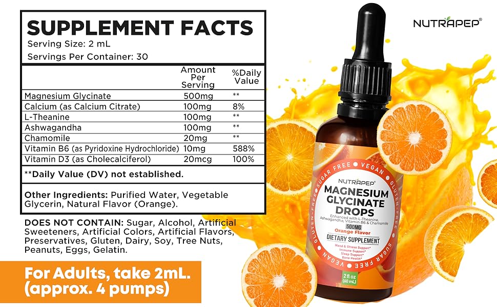 Pure magnesium glycinate liquid drops supplement for adults wellness with dropper facts