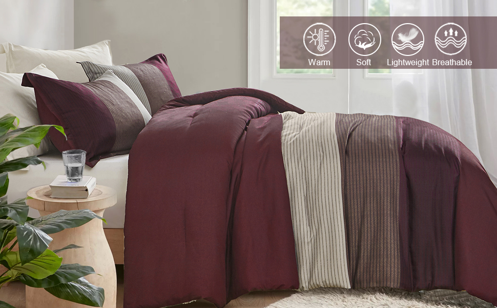 Burgundy Comforter Set King, Reversible Burgundy Brown Stripe Down Alternative