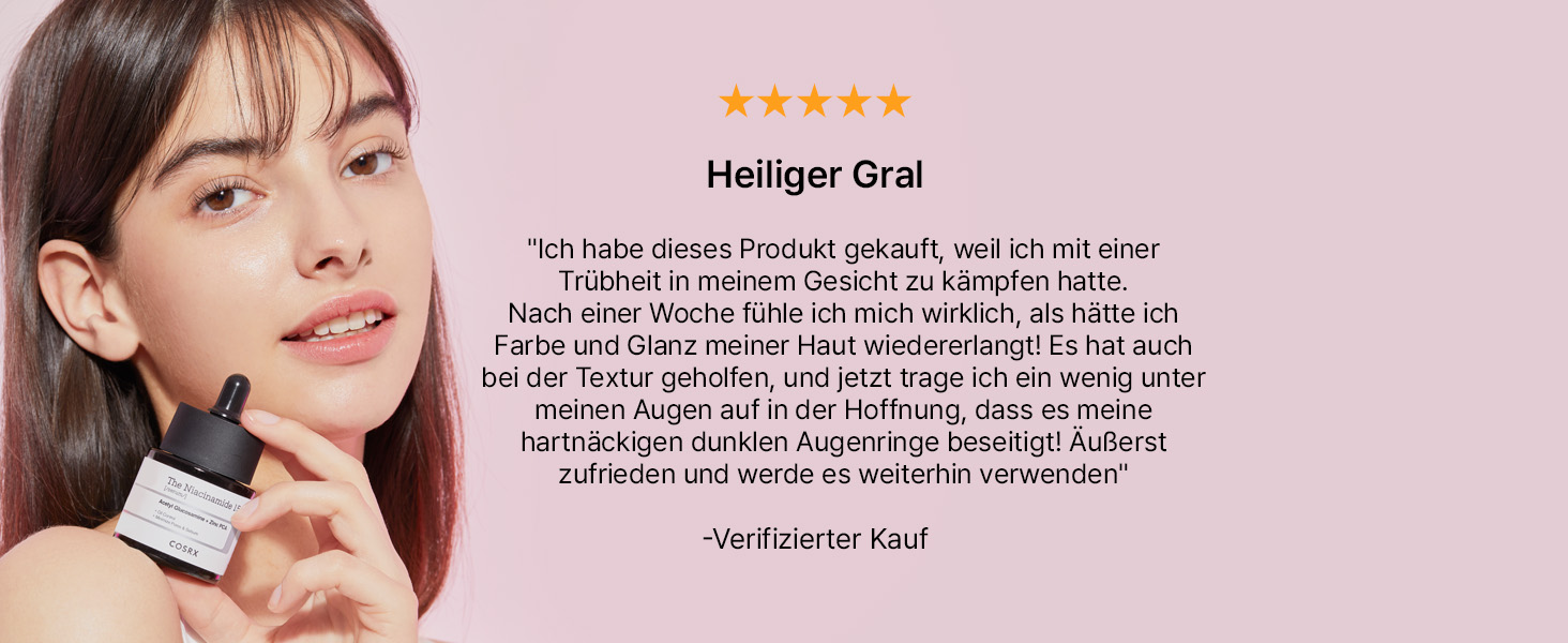 Display für Produktbewertungen mit Fünf-Sterne-Bewertung und deutscher Textbewertung mit der Aufschrift „Heiliger Gral