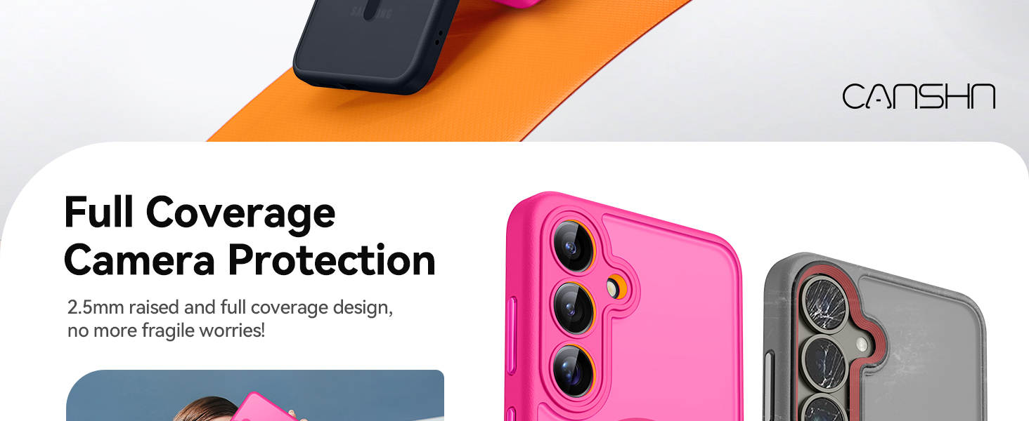 Smartphone-Hüllen mit erhöhtem Kameraschutz Die abgebildeten Schutzhüllen in Rosa und Grau verfügen über ein vollständig abdeckendes Design mit 2,5 mm erhöhten Kanten an den Kameraobjektiven für zusätzlichen Schutz