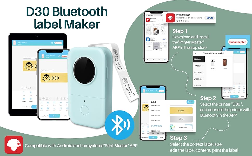 Phomemo D30 Label Maker Machine, Bluetooth Label Printer Handheld Label